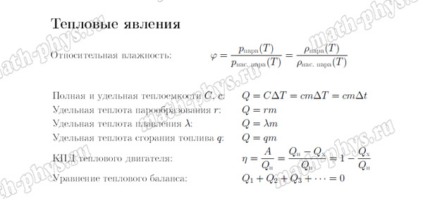 Физика: формулы по тепловым явлениям для подготовки к ОГЭ